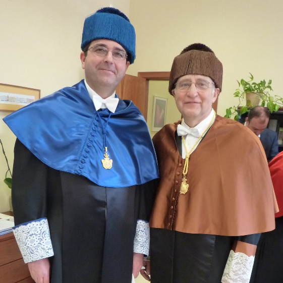 Ben Shneiderman received an honorary doctorate from the University of Castilla-LaMancha, Spain. 
        This photo shows host Prof. Manuel Ortega with Ben Shneiderman, both in traditional academic outfits. 
        More information at: https://www.cs.umd.edu/hcil/UCLM-honorary-doctorate<br><br>February 9, 2010